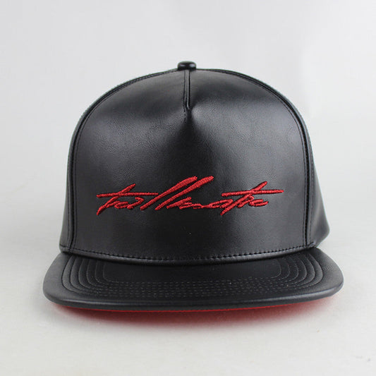 "Red Script" Black Leather w/Satin Strapback Hat